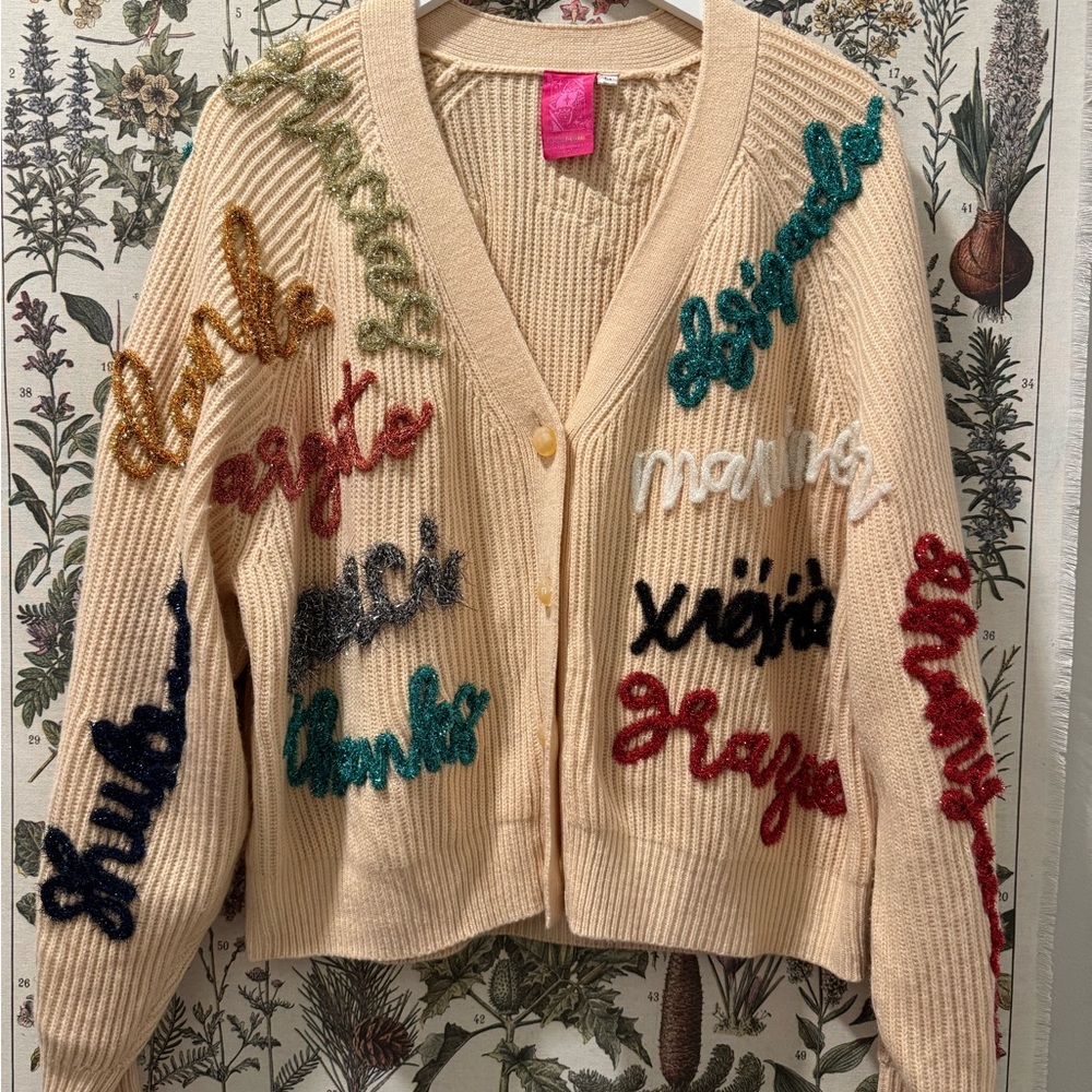 Queen Of Sparkles Embroidered Thank You Cardigan Sweater Size M